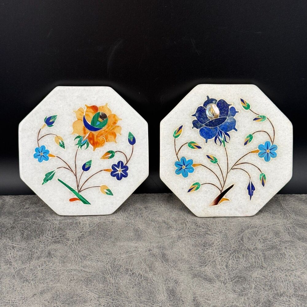 TWO (2) Handmade White Stone Tiles Coasters Inlaid Lapis Pietradura Floral 4"